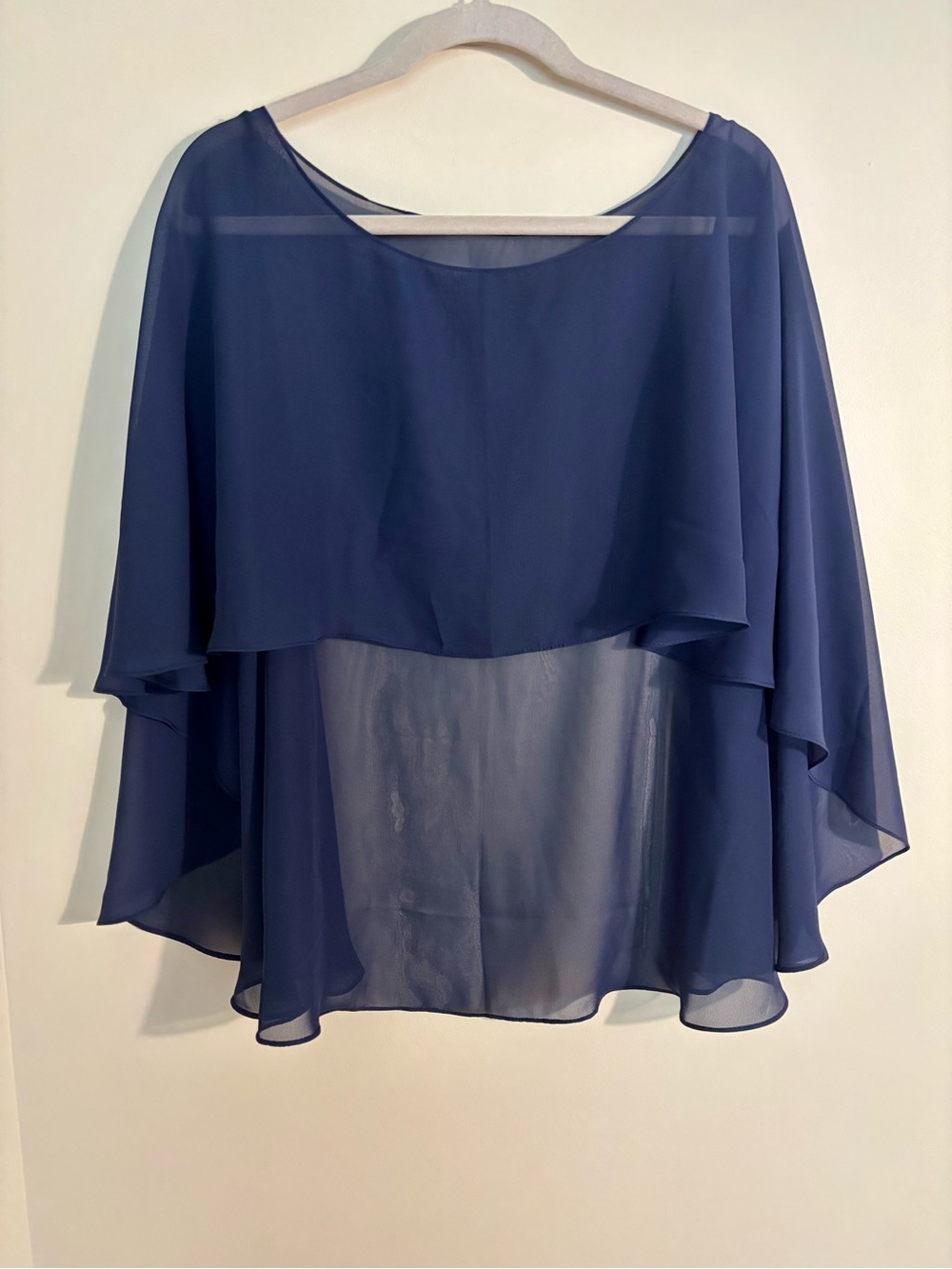 Elegant Navy Blue Silk Chiffon Drape Cape Overlay Blouse - OS